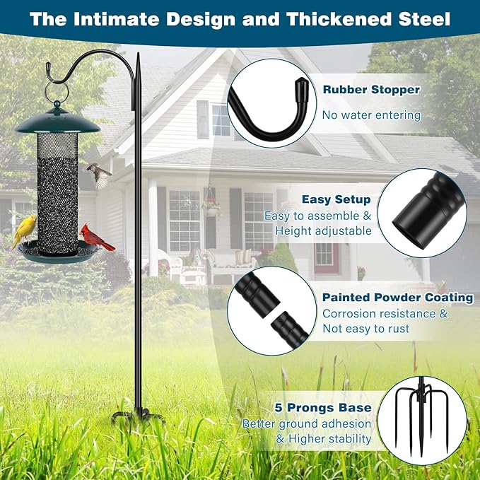 Gtongoko 47 inch Small Shepherds Hooks for Outdoor with 5 Prongs, Adjustable Bird Feeder Pole Garden Hooks for Hanging Lanterns, Plants Baskets, Hummingbird Feeders, 1 Pack