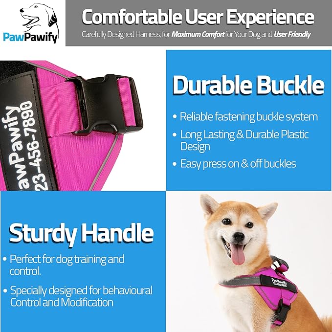 PawPawify Custom No Pull Dog Harness with Name and Phone Number, Heavy Duty Personalized Pet Vest to Prevent Tugging, Pulling, or Choking, Training and Walking (New Pink, XL (Chest 28-35in))