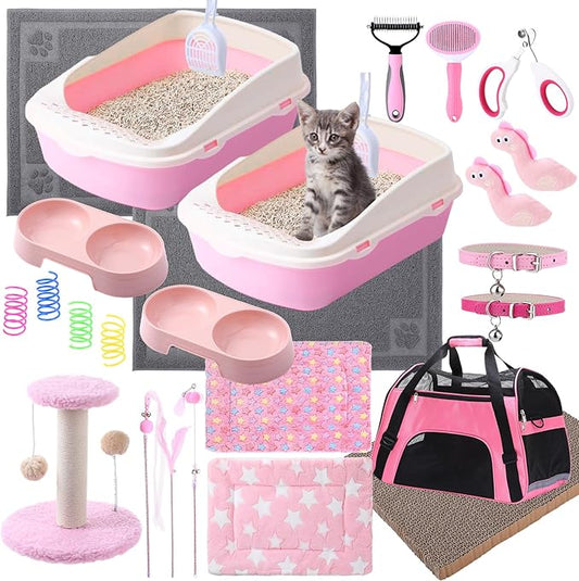 Eccliy 35 Pcs Kitten Starter Kit for 2 Indoor Kittens Essentials Including Carriers, Litter Boxes, Mats, Collars, Beds, Scratch Pad, Bowls, Toys Accessories Cat Welcome Gift Foster Adopt Supplies