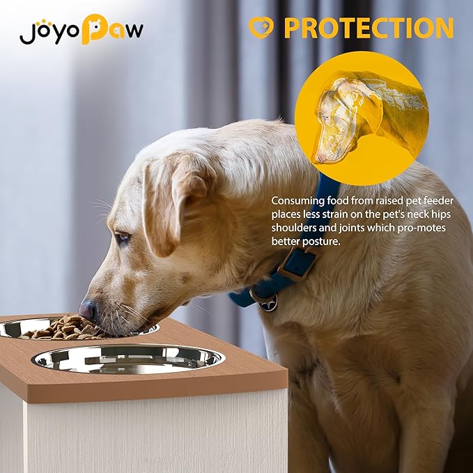 Elevated Dog Bowls, HIPS Raised Dog Bowl for Large Dogs & Medium Dogs, with 2 Stainless Steel Bowls (10'' Tall–48 oz Bowl, Teak-White)