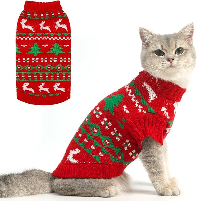 KOOLTAIL Cat Sweater Turtleneck- Soft Knit Cat Christmas Sweaters for Cats Only, Elk Christmas Tree Pattern Thick Warm Cold Weather Pet Clothes Outfit for Small Medium Large Size Kitten Puppy Red S