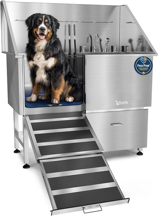 KANIS Professional Dog Washing Station - 304 Stainless Steel Pet Wash Sink & Grooming Bath Tub for Home with Ramp, Shower, Floor Grate, Storage Drawer, Faucet, Drain Kit for Large, Medium & Small Pets