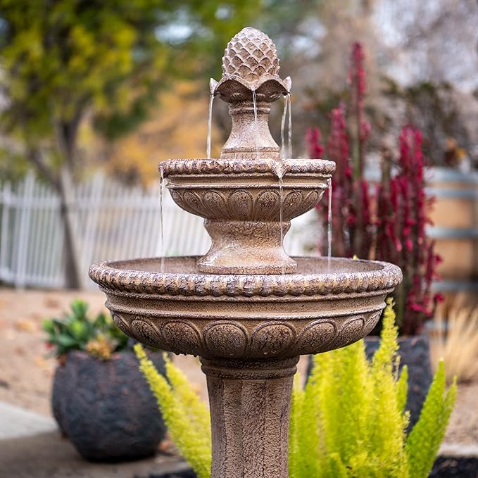 XBrand 39" 2-Tier Outdoor Freestanding Solar Water Fountain – Classic Sand Stone Resin Bird Bath with Pump – Solar Powered Garden Decor for Patio, Yard, Porch, and Lawn