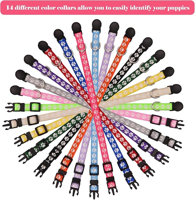 14 PCS Puppy Collars for Litter Puppy ID Collars Glow in The Dark Whelping Supplies Soft Nylon Breakaway Coloured Collars with 2 ID Tags(S)