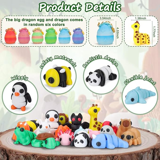 Mini 3D Printed Animals with Dragon Eggs Set, 3D Printed Fidget Toys, Small Articulated Animal Figures Pocket Pets Bulk, Desk Ornament Party Favors (Animal Family)