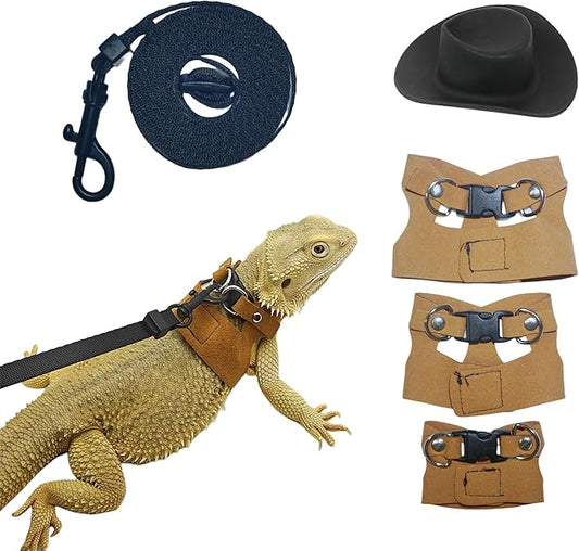 Reptile Pets Leash Harness Set with Jackets and a Hat for Bearded Dragon Lizard, Leopard Gecko and Other Small Animal Pets, Outdoor Play
