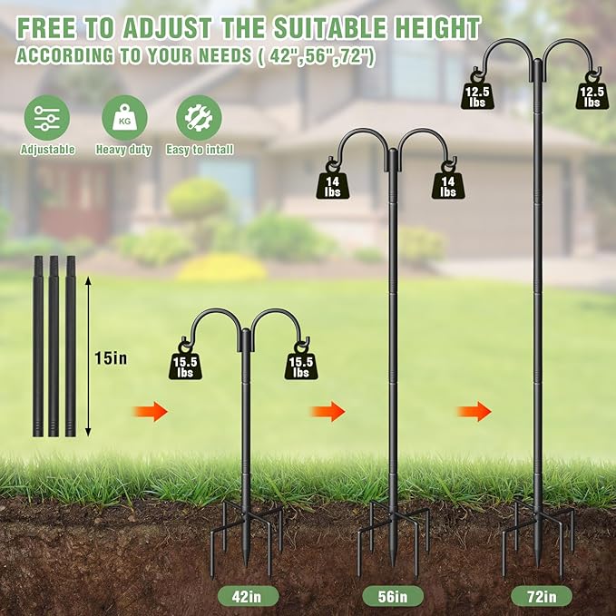 Double Shepherds Hooks for Outdoor, Heavy Duty Bird Feeder Pole with 5-Prong Base - Rust-Proof, Adjustable Bird Feeder Hanger for Garden, Wedding Decor & Hanging Plants