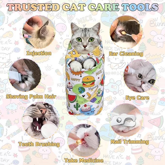 27.6" Cat Grooming Wrap for Nail Clipping Cat Swaddle Wrap (Within 15lbs) for Cutting Nails Cloth for Pet Cleaning Multifunctional Pet Tool|Utility Storage Bag|Self-Adhesive Travel Blanket