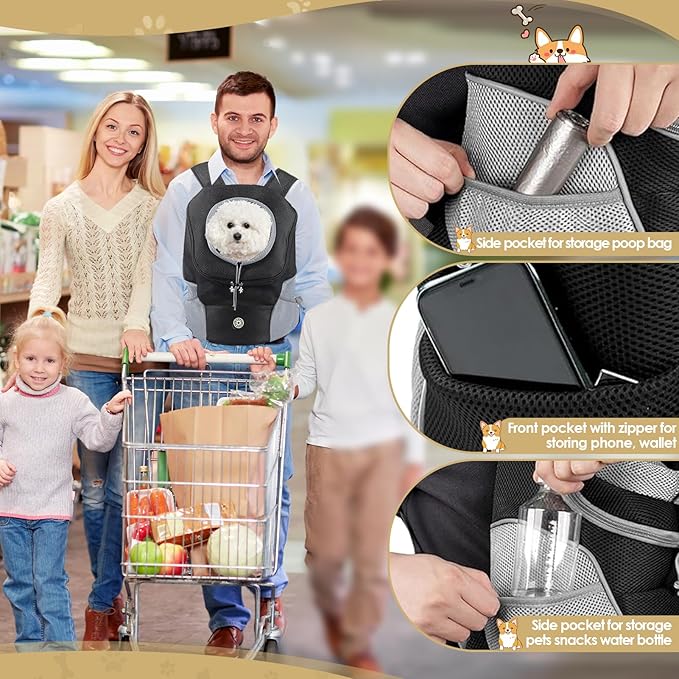 Dog Backpack Carrier, Front Chest Dog Carriers for Small Dogs, Pet Carrier Backpack with Multi-Pocket, Adjustable Neck Hole, Breathable Mesh Dog Front Carrier for Travel Hiking Cycling (Medium)