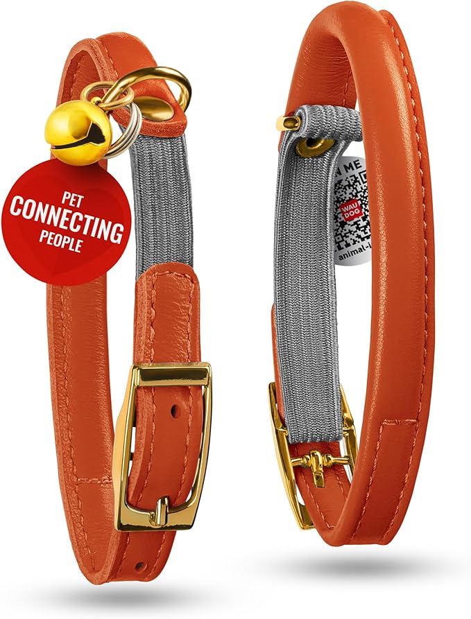 WAUDOG Ultra Soft Rolled Leather Cat Collar with Removable Bell, Safety Elastic Strap and QR ID Tag - Soft Padded for Small, Medium, and Large Cats - Round Kitten Collar for Male and Female Cats