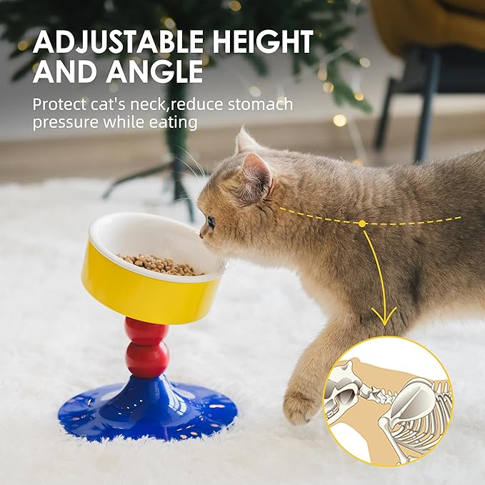 Ceramic Elevated Raised Cat Bowls,Cat Food Dish with Stand, 3 Height Adjustable Raised Dog Bowl Stand for Small Dogs Cats, Adjusts to 4.69", 5.98", 7.28" (Red & Blue)