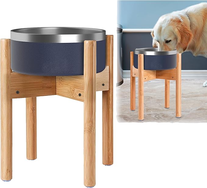 Dog Bowl Stand for Large Dogs - Use to Elevate, Raise Dog Food and Water, Deter Ants/Bugs - Expandable Sideways, Fits Various Sizes of Slow Feeders, Dishes and Drink Fountains - Bamboo