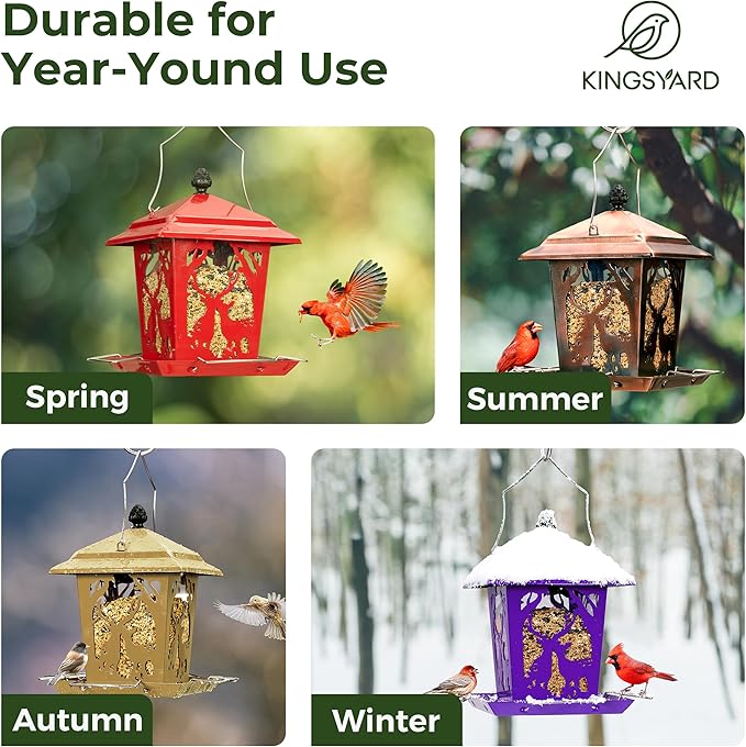 Kingsyard Metal Bird Feeder for Outdoor Hanging - Unique Design Wild Bird Hopper Feeder with 4 Perches and Rainproof Roof, Purple