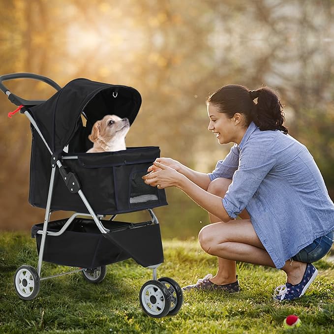 Travel Folding Pet Jogger for Small Medium Dog Cat - Folding Stroller with Storage Basket, Removable Cup Holders (Black, 3 Wheels)