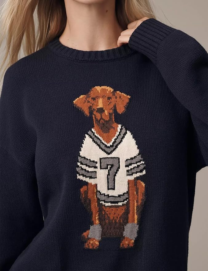 Dog Print Sweater for Women Cute Graphic Knit Pullover Tops Long Sleeve Crew Neck Trendy Fall Outfits 2025