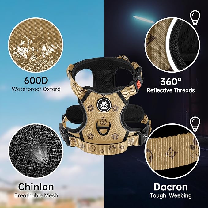 NESTROAD No Pull Dog Harness,Adjustable Oxford Dog Vest Harness with Leash,Reflective No-Choke Pet Harness with Easy Control Soft Handle for Medium Dogs(Medium,Light Brown)