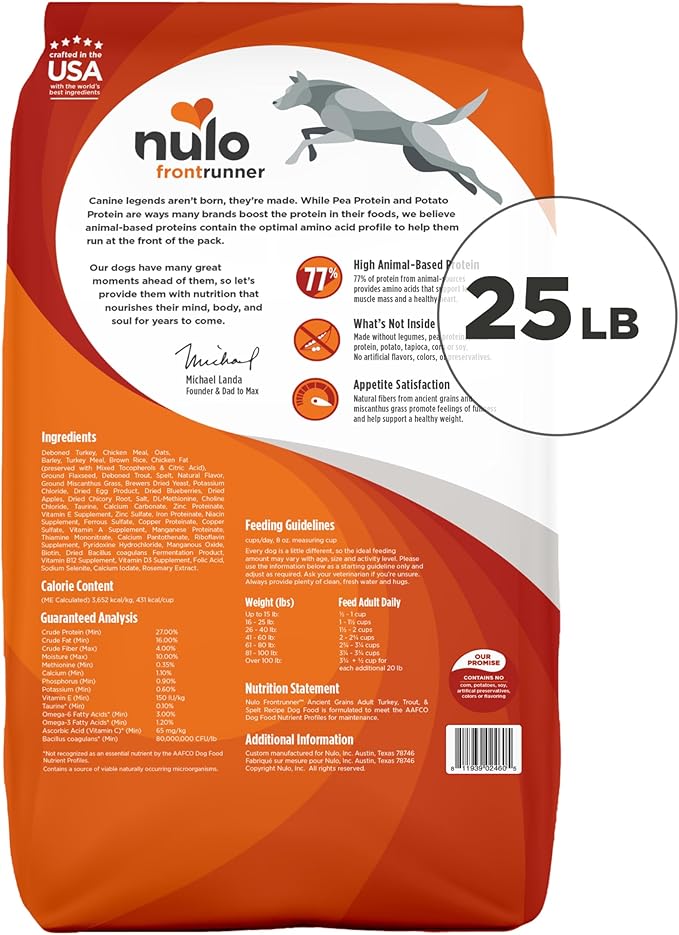 Nulo Frontrunner Turkey, Trout & Spelt Adult Dry Kibble Dog Food with Ancient Grains, 25 Pound Bag