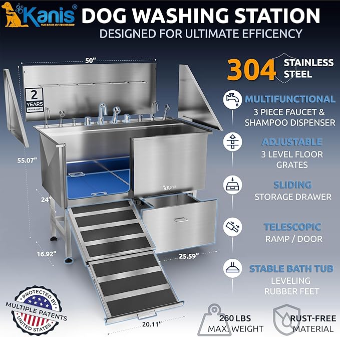 KANIS Professional Dog Washing Station - 304 Stainless Steel Pet Wash Sink & Grooming Bath Tub for Home with Ramp, Shower, Floor Grate, Storage Drawer, Faucet, Drain Kit for Large, Medium & Small Pets