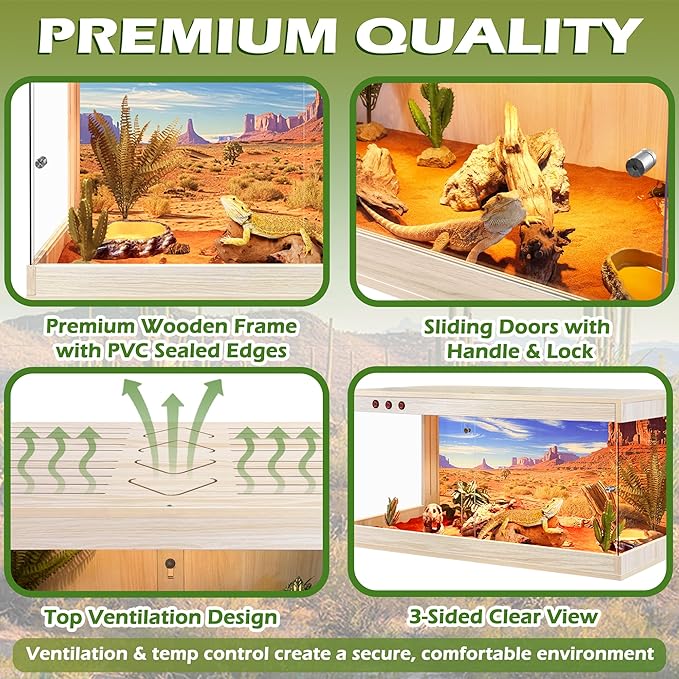 Royxen Tempered Glass Reptile Enclosure,Reptile Tank with Wooden Mesh Top and Lockable Design,61 Gallon Bearded Dragon Tank for Lizard Gecko Tortoise Snake Habitat,40" x 20" x 20",Oak