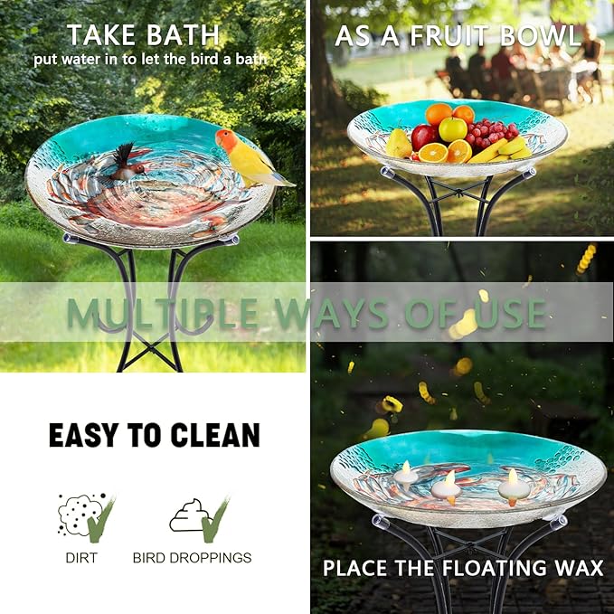 MUMTOP Bird Baths for Outdoors, Crab Glass Large Bird Bath Bowl with Metal Stand, Bird Feeders for Outside and Garden, Patio,Lawn Decor