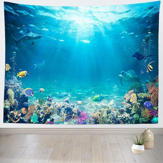 Loccor Underwater World Tapestry Blue Ocean Wall Hanging Under the Sea Coral Reef Wall Tapestry 179x118 Inches Tropical Fish Tank Undersea Tapestries Marine Wall Art for Bedroom Living Room Dorm Decor