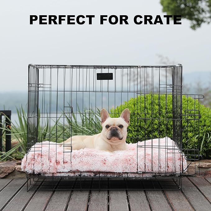 Bedfolks Waterproof Crate Bed for Dogs, Plush Kennel Pad with Removable Washable Cover, Faux Fur, Large (35"x23"), Pink