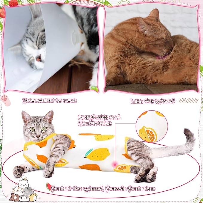 Nuanchu 3 Pieces Cat Recovery Suit Kitten Recovery Suit E-Collar Alternative for Cats and Dogs Abdominal Skin Anti Licking Pajama Clothes Sets(Fruit Pattern,Small)