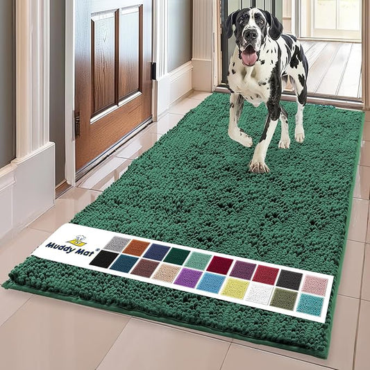Muddy Mat® AS-SEEN-ON-TV Highly Absorbent Microfiber Dog Door Mat and Pet Rug, Non Slip Thick Washable Area and Bath Mat Soft Chenille for Kitchen Bathroom Bedroom and Indoor - Dark Green XL 59"X35"