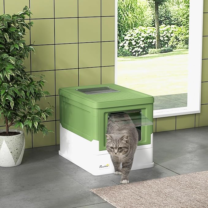 PawHut Fully Enclosed Cat Litter Box with Scoop, Hooded Cat Litter House with Drawer Type Tray, Foldable Smell Proof Potty with Front Entry, Top Exit, Large Space, Yellowish Green