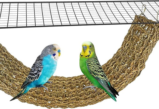 SIMENA Seagrass Mat for Birds, Natural Grass Woven Bird Net Hammock, Climbing Rope Ladder, Chew Toys for Parrots Lovebirds Cockatiels Conures Budgies, Cockatoos (Large)