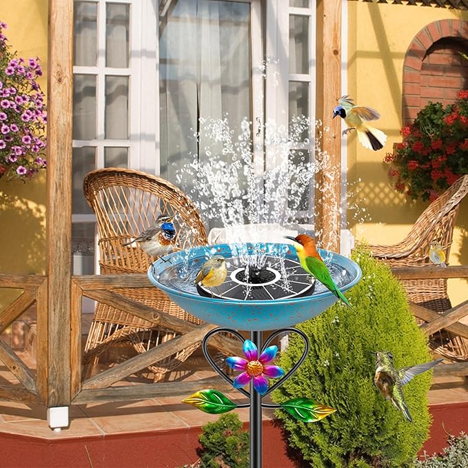 Vintage Metal Bird Bath for Outside, Standing Bird Feerder with Sunflower Love Decoration, Detachable Birdbaths Bowl for Outdoor Yard Lawn Garden Decor (A-Bule)