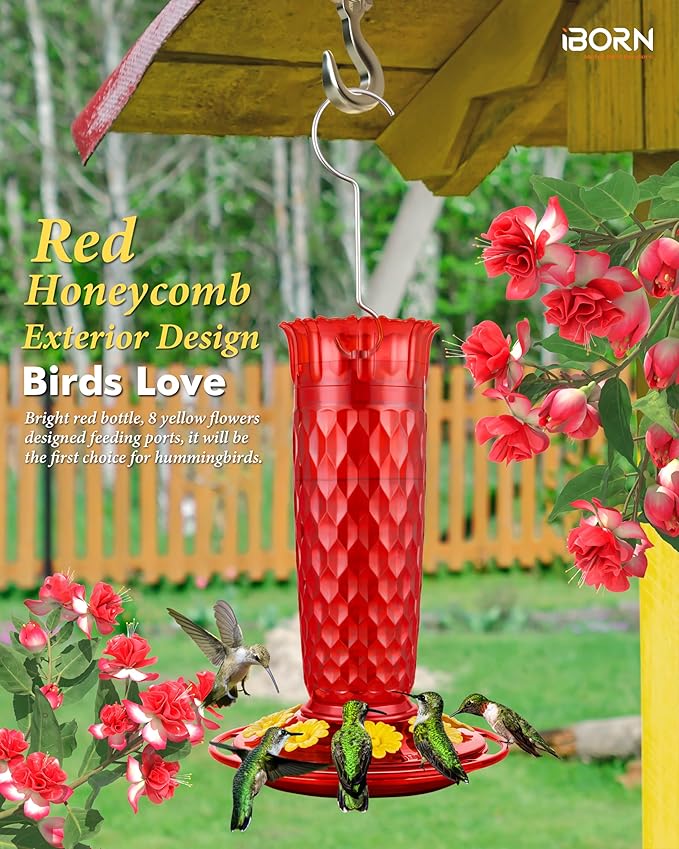 iBorn Hummingbird Feeders for Outdoors 16OZ Bird Feeders for Outdoors Hanging, Hummingbird Feeder with 8 Bee Guard Feeding Ports & Built-in Ant Moat, Silicone Flower, Red Honeycomb Exterior