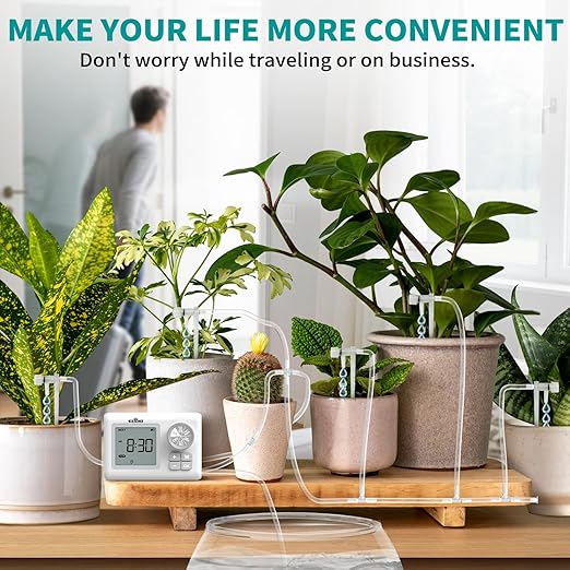 Automatic Watering System for 15 Potted Plants, Automatic Drip Irrigation Kit with Adjustable Water Flow, Programmable Water Timer with Dual Power Supply, for Balcony/Garden/Greenhouse Plants