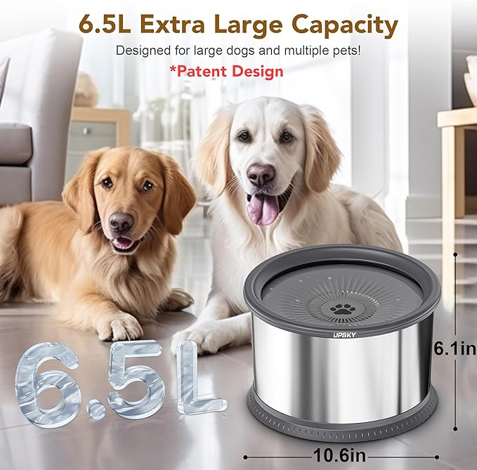 UPSKY 6.5L Dog Water Bowl,1.6 Gallon Super Large Capacity No Spill Dog Water Bowl,Stainless Steel Spill Proof Slow Water Feeder,No Splash Water Bowl with Anti-Slip Mat for Messy Drinkers Grey