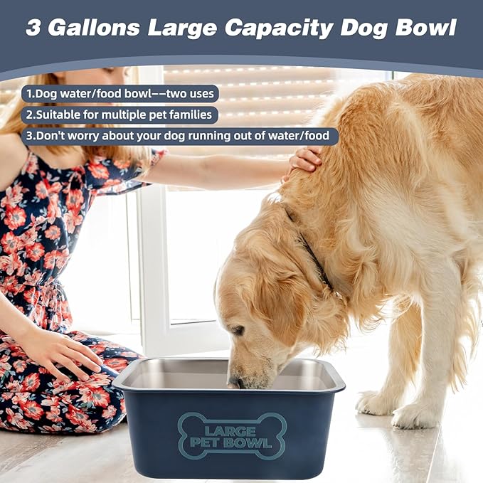 3 Gallons Large Dog Water Bowl, Stainless Steel Metal Dog Bowls, Large Capacity Pet Food Bowl Water Dish for Indoor and Outdoor Universal for Medium to Giant Dogs Blue