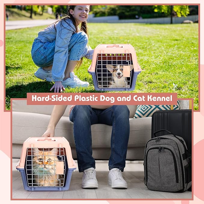 2 Set Pet Carrier for Small Dogs and Cat, Hard Shell Plastic Dog Crate with Bowl and Cooling Pad Fully Breathable Portable Kennel for Small Pet Travel Camp(Blue,18.9 x 12.6 x 11.8 Inch)