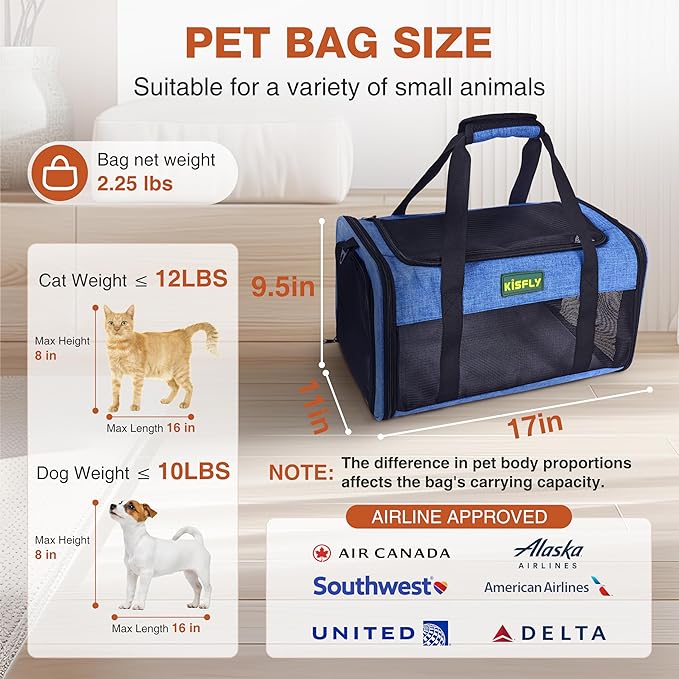 TSA-Approved Under-Seat Airline Pet Carrier – Soft-Sided, Foldable Travel Bag for Cats, Puppies, Rabbits & Hamsters (17"x11"x9.5"), Fits Pets up to 12 lbs, Blue