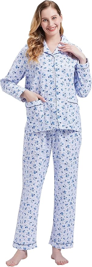 GLOBAL Flannel Pajamas for Women 2-Piece Comfy and Cozy Flannel Pj Set Cotton Loungwear