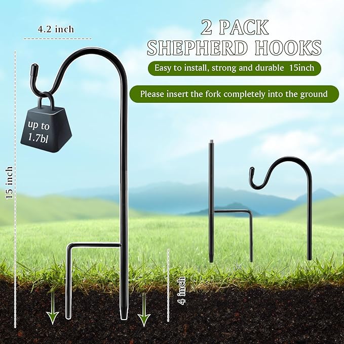 Adjustable Shepherds Hook for Outdoor Metal Rust Resistant Steel Shepard Hooks for Bird Stand Feeder Pole, Weddings Decor, Garden Plant Basket, Outside Hanging Solar Lights (2 Pcs,15inch)