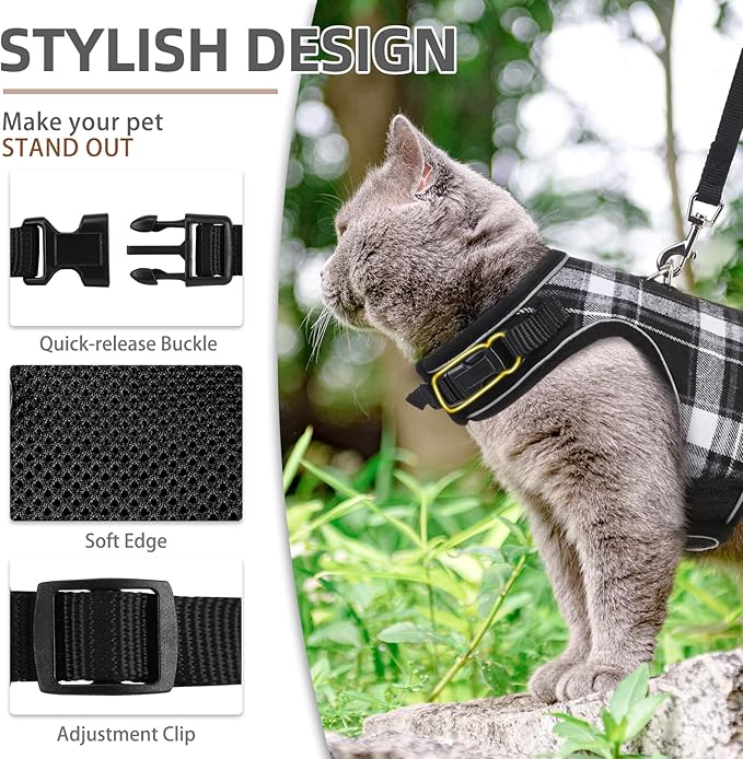 PUPTECK Soft Mesh Cat Vest Harness and Leash Set Puppy Padded Pet Harnesses Escape Proof for Cats Small Dogs Rabbits Bunny, Plaid Black, S