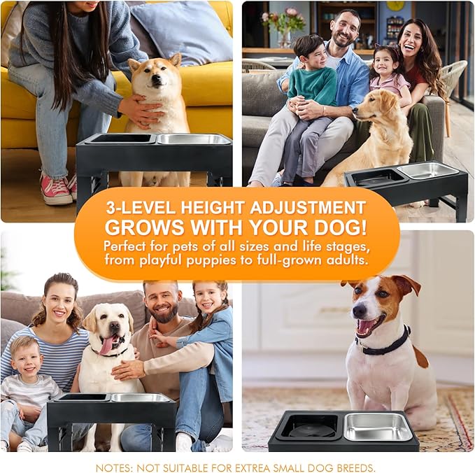 Elevated Dog Bowls with 3 Adjustable Heights, Raised Bowl Stand for Medium & Large Dogs, 1L Food and Water Feeder, Adjustable Pet Dish Station-Grey