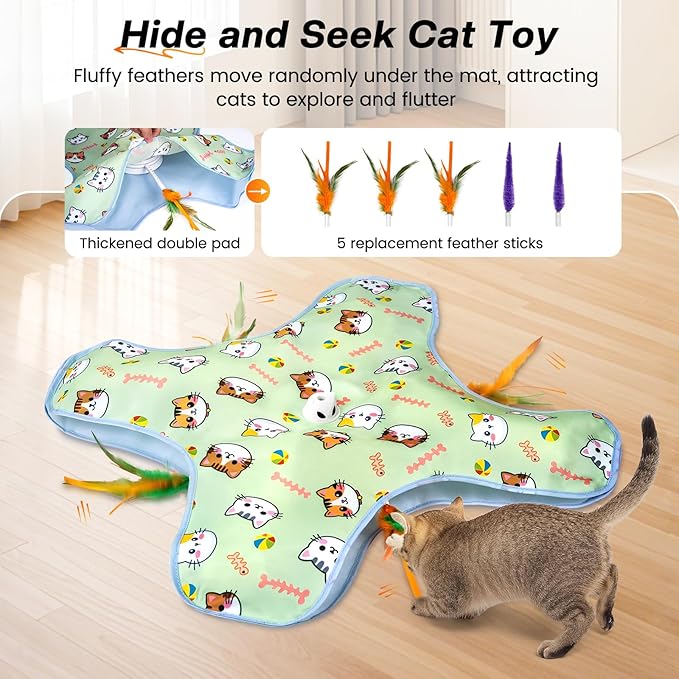 New Interactive Cat Toy for Indoor Cats Hide and Seek Cat Toy for Bored Indoor Adult Cats, Automatic Cat Kitten Toy with Moving Concealed Feathers, Non-Slip Suction, USB Rechargeable