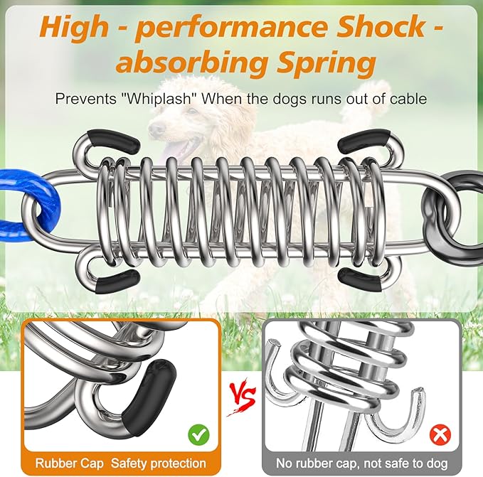 Tresbro 40 FT Dog Tie Out Cable with Spring, Shock Absorbing Tether Chains for Outside Aavilable in 10/15/20/25/30/40/50/70/100/120 FT, Heavy Duty Leads for Yard for Medium & Large Dogs Up to 500 LBS