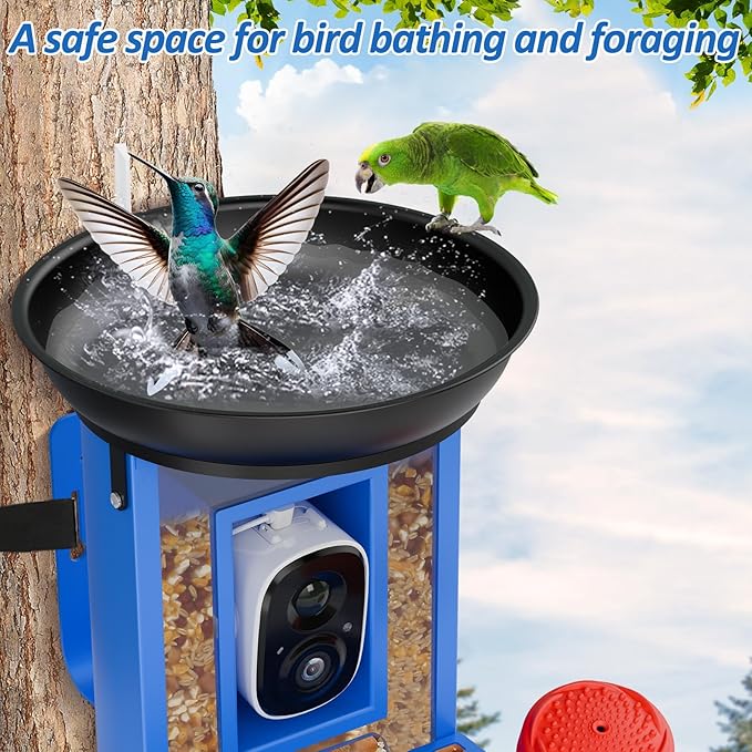Bird Feeder with Camera, 2K Birds Camera with 3-in-1 Feeding, Drinking, and Bathing | AI Identify, Real-Time Monitoring and Alerts | IP65 and Squirrel-Proof for Outdoors, Gift for Bird Lovers