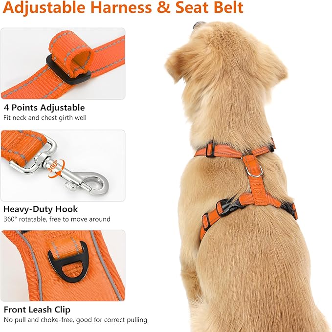 Dog Seat Belt Harness for Car, Dog Car Harness Adjustable Mesh Breathable & Dogs Seatbelt Safety Tether with Elastic Bungee for Small Medium Large Pets(Orange, M)
