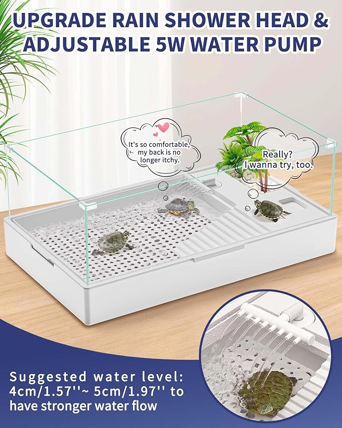 Large Turtle Tank (Tank + Water Pump), Acrylic Turtle Tank Starter Kit with Upgrade Rain Shower Head, Adjustable 5W Water Pump, Higher Fences and Multi-Function Areas. (L)