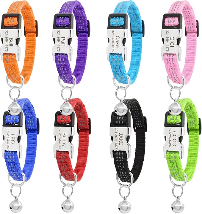 Personalized Reflective Nylon Cat Collar with Name Phone,Custom Engraved Buckle Cat Collar with Bell,Adjustable for Small Dogs Puppy Kitten (Black,fit 7.5''-12.0'')