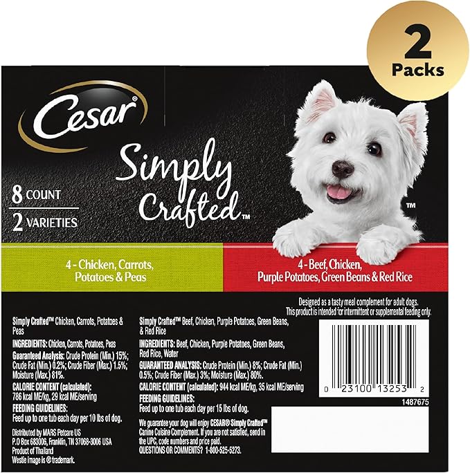 Cesar Simply Crafted Adult Wet Dog Food Meal Topper, Chicken, Carrots, Potatoes & Peas and Beef, Chicken, Purple Potatoes, Green Beans & Red Rice Variety Pack, 1.3oz. (8 Count, Pack of 2)