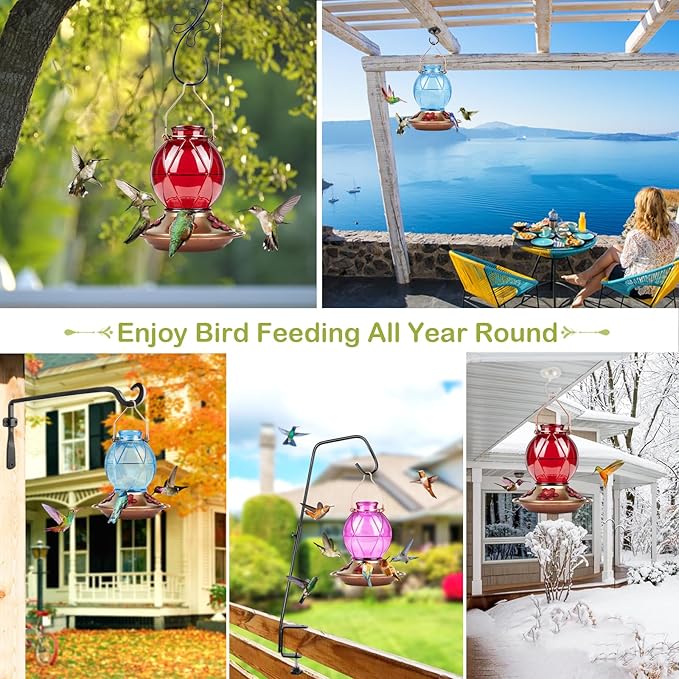 BOLITE Hummingbird Feeder, Glass Hummingbird Feeder for Outdoors, Meshy Texture Ball Shape Bottle, 20 Ounces, Red, Birthday Gifts for Women Men, Gifts for Mom Dad