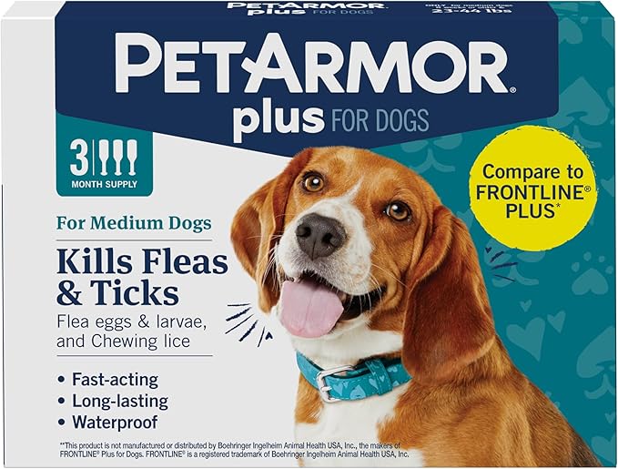 PetArmor Plus Flea and Tick Prevention for Dogs, Dog Flea and Tick Treatment, 3 Doses, Waterproof Topical, Fast Acting, Medium Dogs (23-44 lbs)